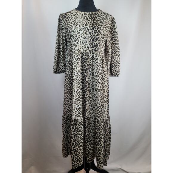Zara Womens Animal Print Puff 3/4 Sleeve Smock Style Midi Dress Size M - Picture 1 of 7